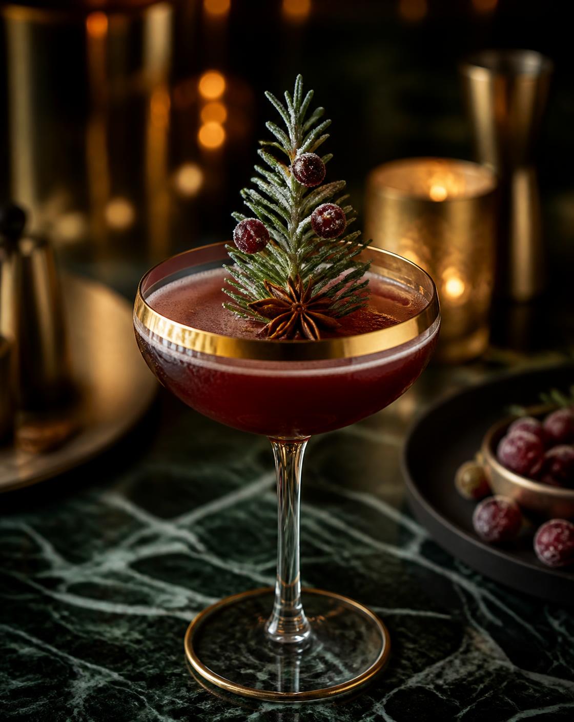 A holiday cocktail in a gold-rimmed coupe glass garnished with a rosemary sprig shaped like a tree, sugared cranberries and star anise