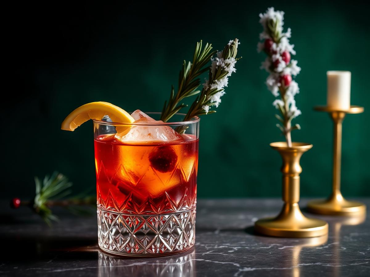 This week's Merry Hour cocktail as poured at The Gilded Fir in Atlanta, stirred and served up with a rosemary garnish